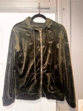 Velvet Hoodie Jacket with Subtle Hello Kitty Motif - Olive Green